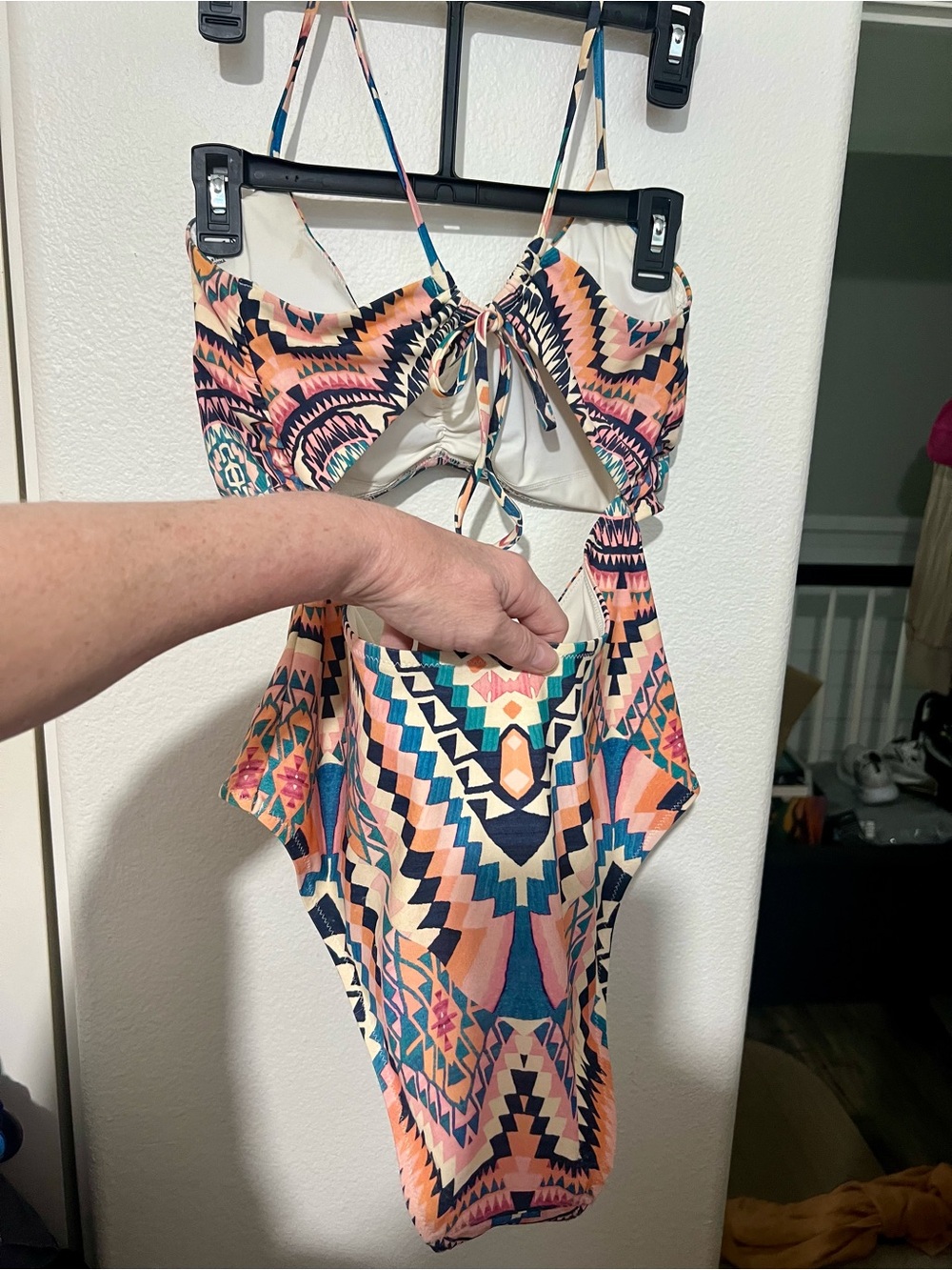 Athleta Pink Blue and Peach Aztec Cutout One-Piece Swimsuit - Picture 11 of 12